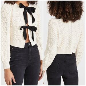 Alice & Olivia Off-White Puff-Sleeve Kitty Bauble Cable Knit Sweater Cardigan